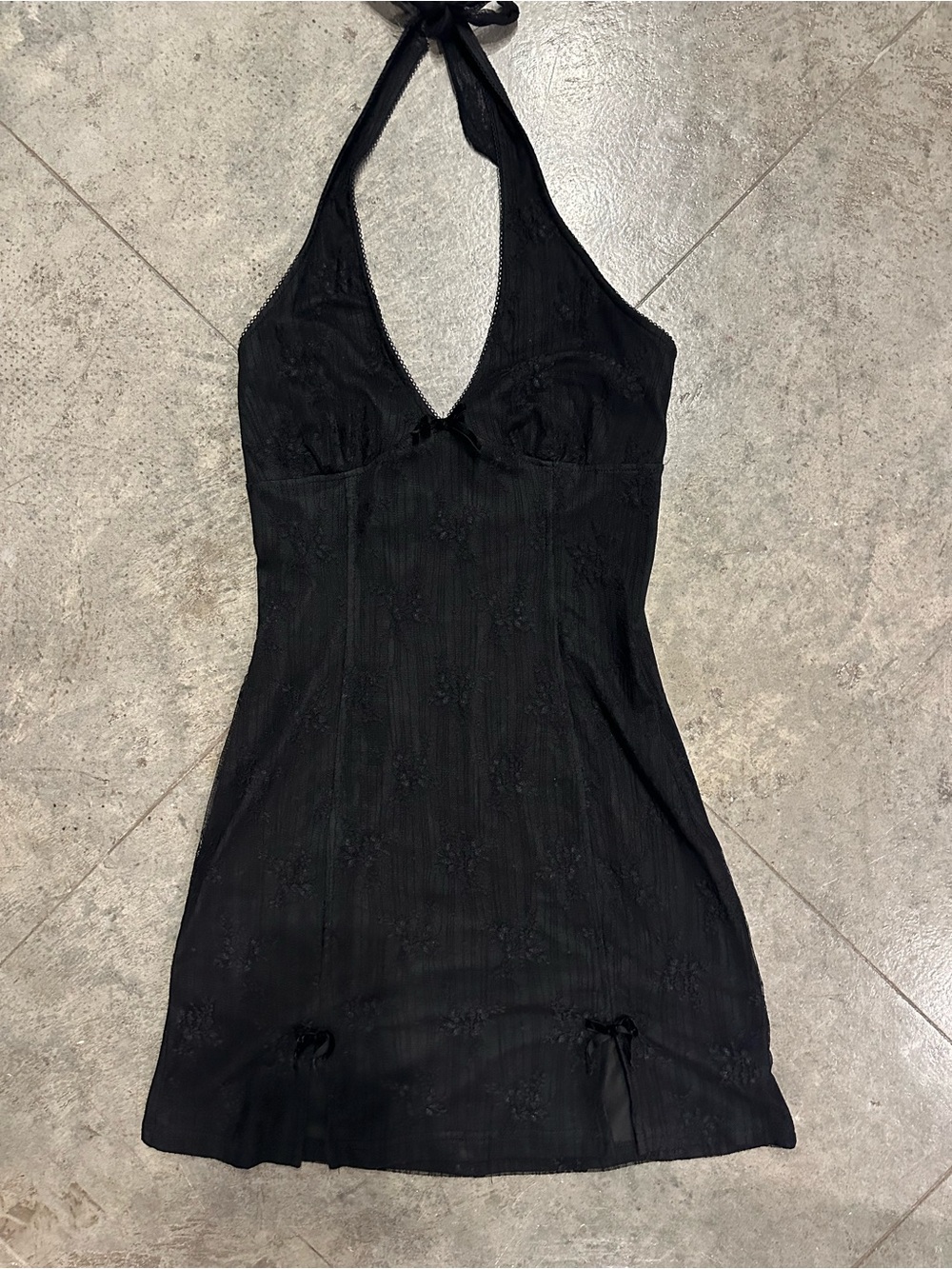 Black Halter Mini Dress - Lace Detailing